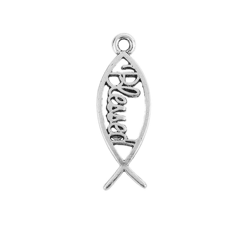 JGFinds Blessed Fish Charms, Spiritual Message Silver Tone, 36 Pack of Bracelet Charms Jewelry Making Quotes for Keychains - Encouragement Inspirational Courage Sayings - Image 2